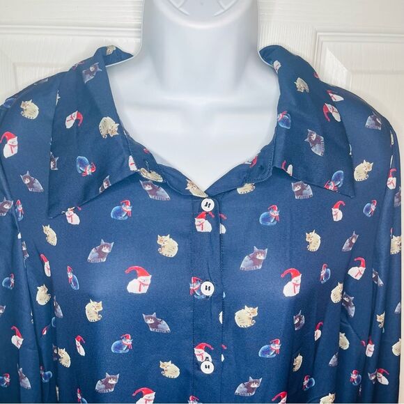 Modcloth Romantic Era Button Front Midi Dress Santa Cat Print Christmas Navy XL - Picture 6 of 13